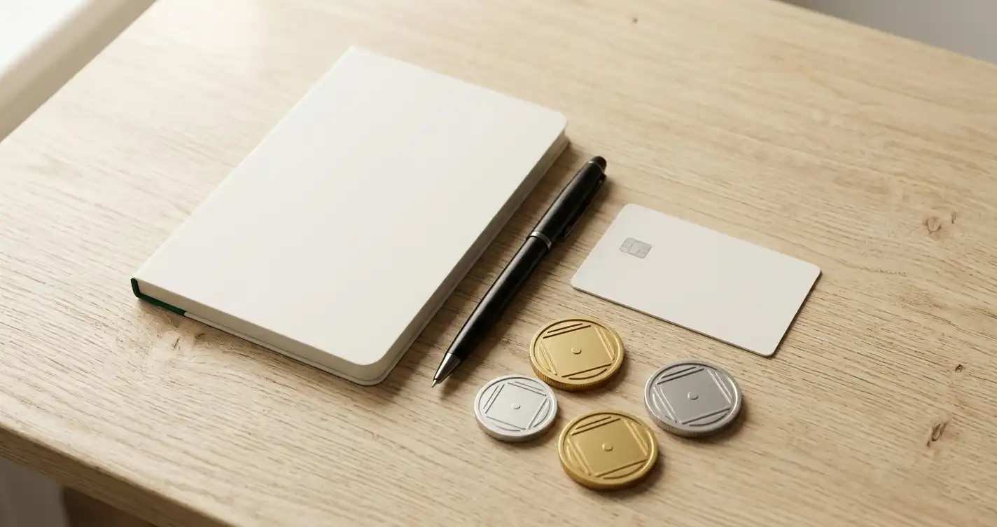 Plain bank card and abstract cryptocurrency tokens beside a notebook on a wooden desk