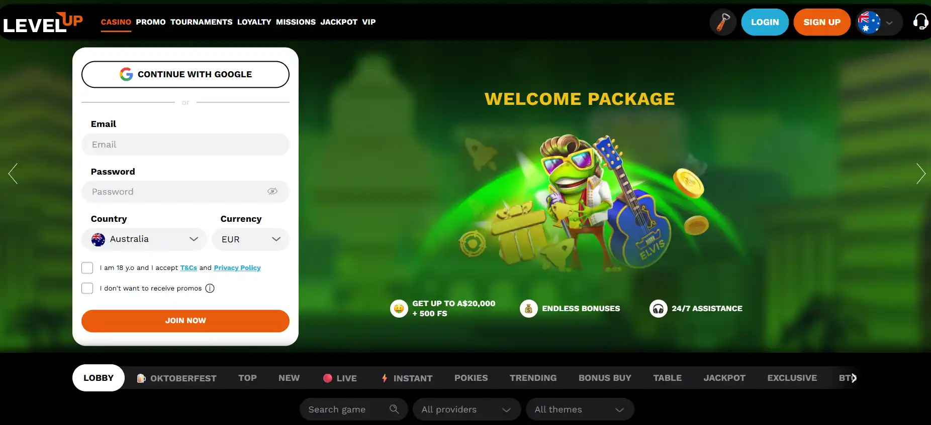 LevelUp Casino homepage interface shown for editorial identification