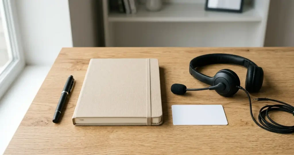 Closed notebook, blank identity-style card and unbranded support headset resting on a tidy desk
