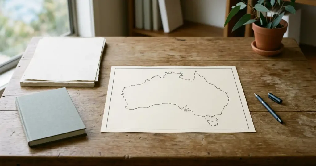Unmarked reference papers and a simple outline map of Australia spread across a desk