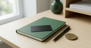 An unmarked payment card, a closed notebook and an abstract coin on a pale desktop