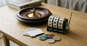 Unbranded slot reels beside neutral playing cards and roulette accessories on a tabletop