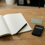 Open ledger, unmarked payment card and calculator arranged on a wooden desk