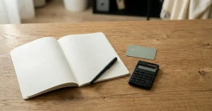 Open ledger, unmarked payment card and calculator arranged on a wooden desk